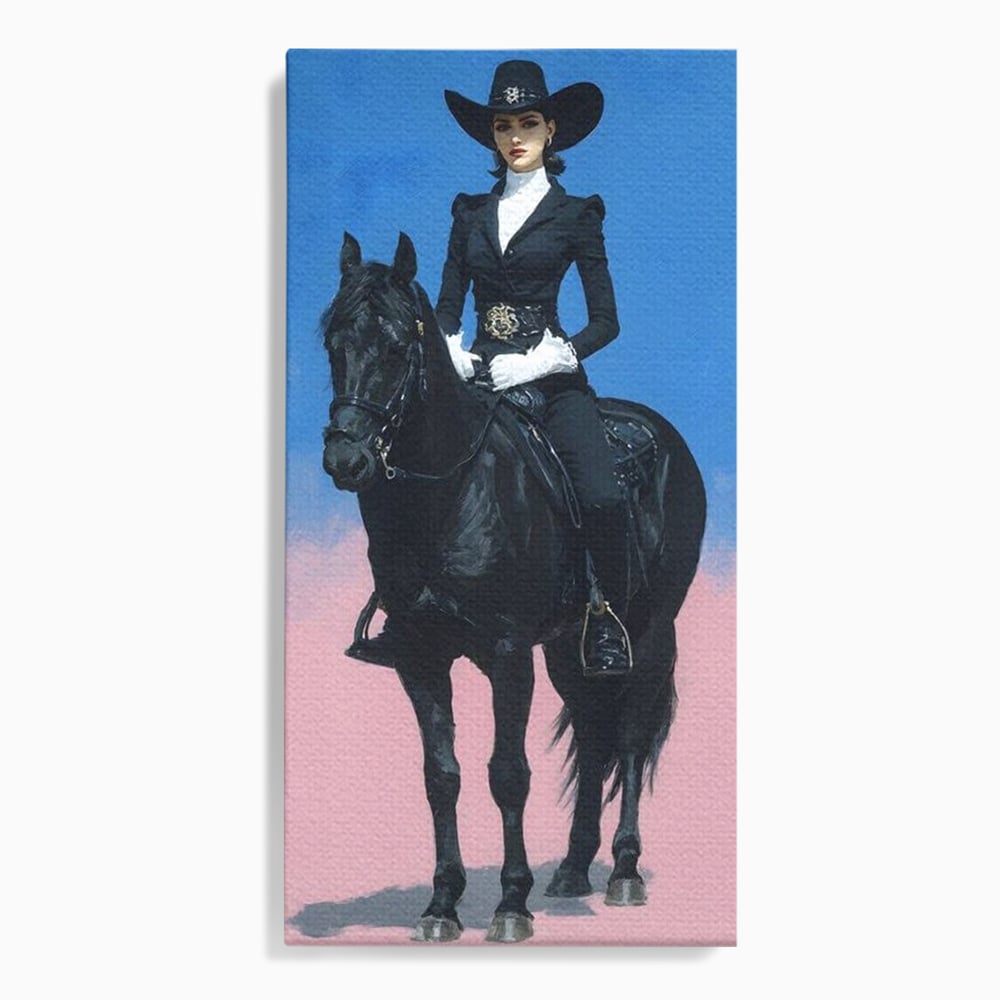 Tablou canvas cu tablou canvas cu femeie calare pe armasar, fara rama, pe sasiu de lemn